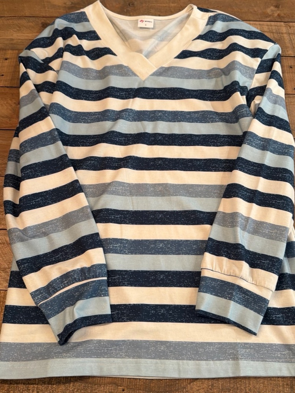 Women's Striped V-Neck Long Sleeve Top - Blue & Cream